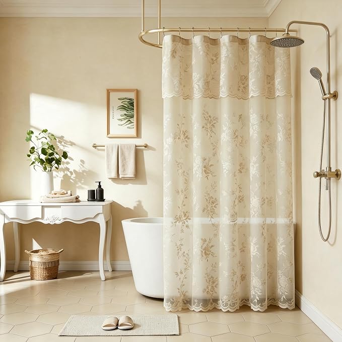 Beige Lace Shower Curtain with Attached Valance Decorative Vintage Floral Shower Curtain for Bathroom Spa Boho Cottagecore Decor Scalloped Edge Shabby Chic Bath Curtains Spa-like Hotel, 36 x 72 Inch