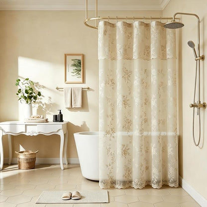 Beige Lace Shower Curtain with Attached Valance Decorative Vintage Floral Shower Curtain for Bathroom Spa Boho Cottagecore Decor Scalloped Edge Shabby Chic Bath Curtains Spa-like Hotel, 36 x 72 Inch