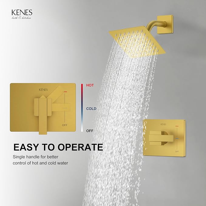 KENES Brushed Gold Shower Faucet, Modern Square 6-Inch Shower Head and Handle Set, Bathroom Rainfall Shower System Wall Mount, KE-6025B-4 (Including Shower Valve)