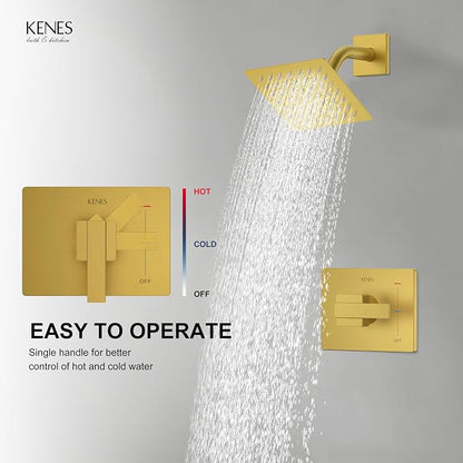 KENES Brushed Gold Shower Faucet, Modern Square 6-Inch Shower Head and Handle Set, Bathroom Rainfall Shower System Wall Mount, KE-6025B-4 (Including Shower Valve)