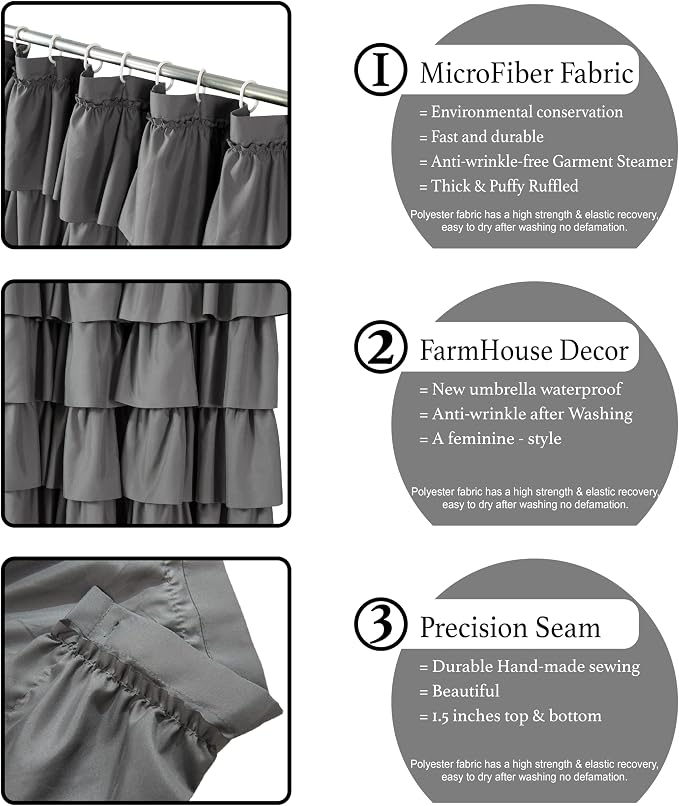 Gray Ruffle Shower Curtains For Bathroom, 36x72 Inch, Farmhouse Chic Look | Handcrafted Ruched Ruffles, 36 x 72 inch, Soft Brushed Microfiber, 12 Hooks Inclouded, Machine Washable, Boho Home Decorator