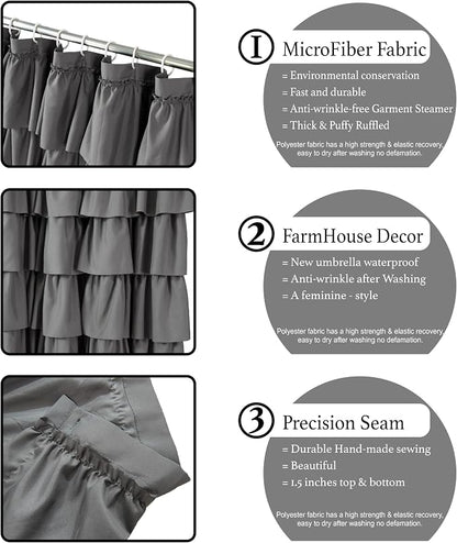 Gray Ruffle Shower Curtains For Bathroom, 72x72, Layered Tiered Ruffles | Handcrafted Ruched Ruffles, 72 x 72 Inch, Soft Brushed Microfiber, 12 Hooks Included, Machine Washable Design, Elevates Bath