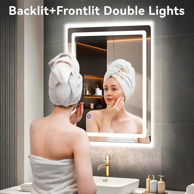 20“ x 28” LED Smart Mirror for Bathroom, Rectangle Mirror with Three Color Light Temperature Brightness Settings,Backlit + Front Lit,Wall-Mounted Vanity Mirror with Memory Function
