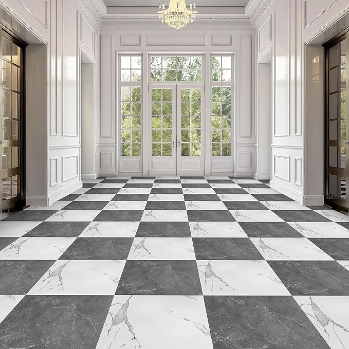 Spiareal 48 Pieces Peel and Stick Floor Tiles Vinyl Flooring 12 x 12 Inch Stick on Floor Tile Self Adhesive Waterproof DIY for Bathroom Kitchen Bedroom Living Room(Gray Marble,White Marble)