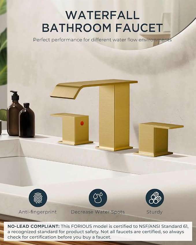 FORIOUS Brushed Gold Bathroom Sink Faucets 3 Hole Widespread Vanity Faucet | 3-hole 4-12 Inch Widespread Sink, Square Waterfall Spout, with Drain and Hoses,for Vanity Rv Commercial Lavatory Restroom