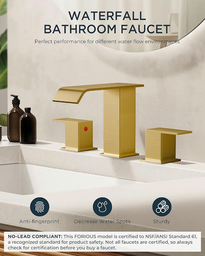 FORIOUS Brushed Gold Bathroom Sink Faucets 3 Hole Widespread Vanity Faucet | 3-hole 4-12 Inch Widespread Sink, Square Waterfall Spout, with Drain and Hoses,for Vanity Rv Commercial Lavatory Restroom