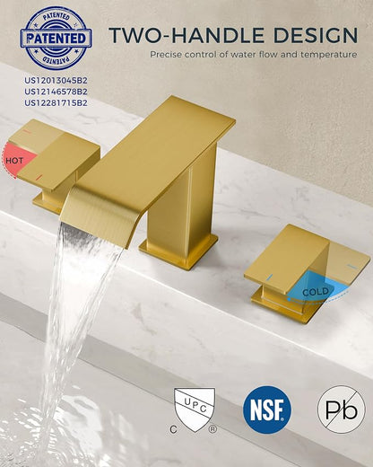 FORIOUS Bathroom Sink Faucets 3 Hole 2 Pack 8 Inch Widespread Brushed Gold | 3-hole 4-12 Inch Widespread Sink, Square Waterfall Spout, with Drain and Hoses,for Vanity Rv Commercial Lavatory Restroom