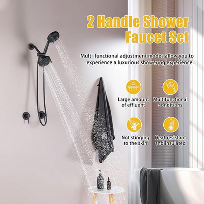 2 Handle Shower Faucet Wall Mounted Two Handles Shower Faucet Set with 8 Modes Rainfall Shower Head and 10 Modes Handheld 2 Knobs Shower Trim Kit with Rough-in Valve, Matte Black