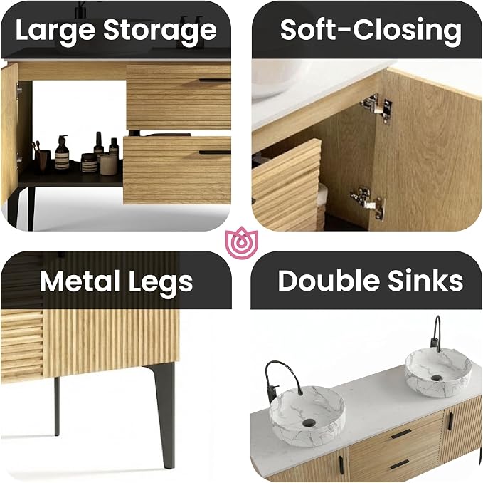 60" Double Bathroom Vanity with Sink Combo, Mid-Century Modern Bath Cabinet with Carrara Marble Finish Sink, 2 Doors & 2 Drawers, Large Storage for Bar, Hotel, Apartment, Natural Oak