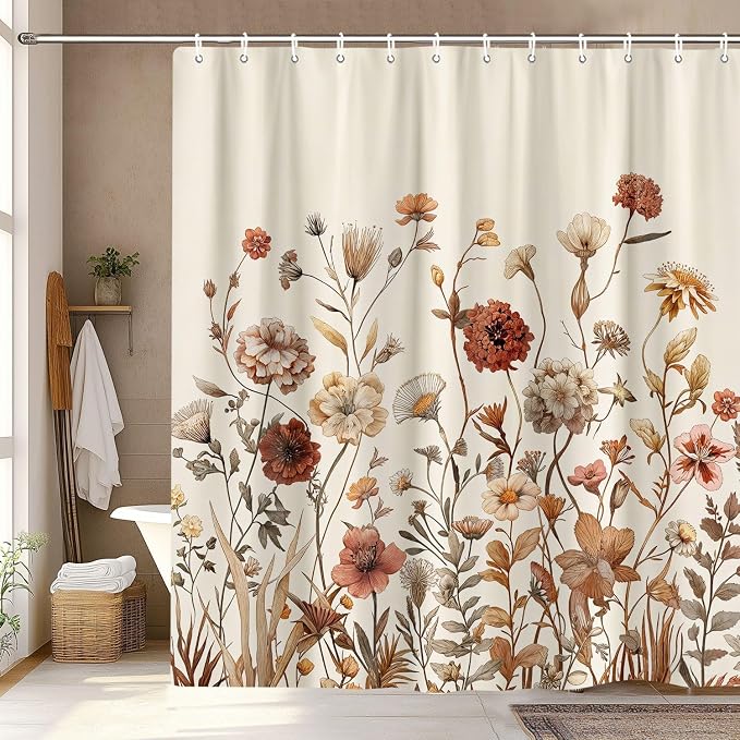 Vintage Boho Beige Floral Shower Curtain, Brown Cream Tan Rustic Farmhouse Flower Shower Curtain Set, Cute Botanical Wlidflowers Fabric Shower Curtains Decoration, 72X84 Aesthetic Bathroom Accessories