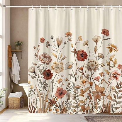 Vintage Boho Beige Floral Shower Curtain, Brown Cream Tan Rustic Farmhouse Flower Shower Curtain Set, Cute Botanical Wlidflowers Fabric Shower Curtains Decoration, 72X78 Aesthetic Bathroom Accessories
