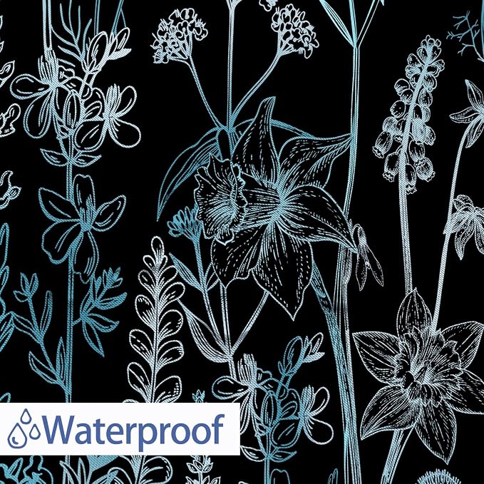 Vintage Black and Blue Boho Shower Curtain, Black and Green Floral Aesthetic Dark Wildflower Botanical Flowers Shower Curtain for Bathroom with Hook, Farmhouse Plant Art Chic Shower Curtain 72X72