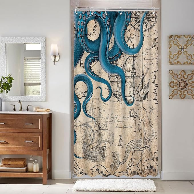 Fungarth Stall Vintage Nautical Octopus Shower Curtain Navy Blue Mermaid Funny Ocean Kraken Shower Curtains for Bathroom Cool Anchor Coastal Map Waterproof Fabric Bath Curtain Decor (Retro, 36” x 72”)