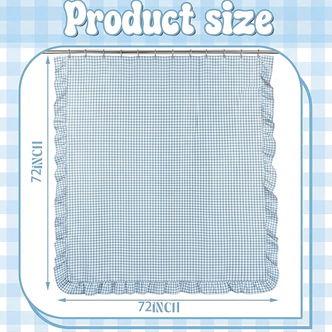 HunnmingRe Ruffled Gingham Shower Curtain Light Blue | 72'' x 72'' Vintage Farmhouse Curtain, Cotton Cottage Core Rural Checkered Plaid Decor, Fall Shower Curtain for Bathroom