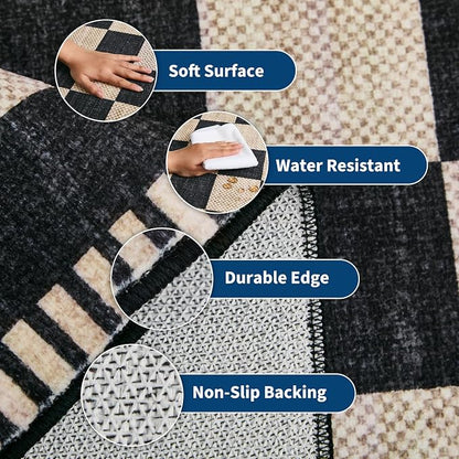 Garvee Washable 5x7 Living Room Rug Checkered Non Slip, Black | Large Area Rug for Bedroom Decor Farmhouse Vintage Black Rug Low Pile Stain Resistant Carpet for Office Dining Room 5'x7'