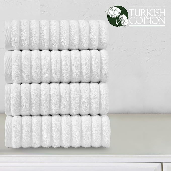 Elegant Comfort Luxury 100% Turkish Cotton Corduroy Ribbed 4 Pack Hand Towel Set 16 x 28 Inch - Absorbent, Super Soft, Quick Dry, Premium Towels for Bathroom, Gym, Spa and Hotel Use, White
