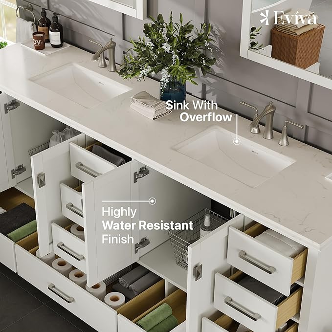 Eviva Storehouse Freestanding Double Sink Bathroom Vanities - White 84” Vanity with Sink and Countertop - Solid Wood Bathroom Sink Vanity