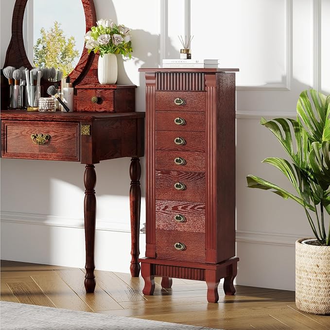 DREAMADE Jewelry Armoire, Standing Jewelry Box w/Mirror & 7 Drawers, Brown | Flip Top Organizer with 2 Side Doors and Anti-Toppling Device, Large Jewelry Cabinet Storage for Bedroom