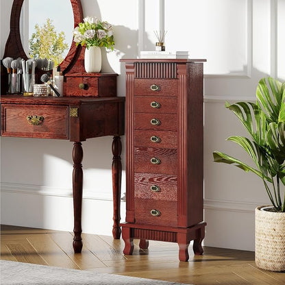 DREAMADE Jewelry Armoire, Standing Jewelry Box w/Mirror & 7 Drawers, Brown | Flip Top Organizer with 2 Side Doors and Anti-Toppling Device, Large Jewelry Cabinet Storage for Bedroom