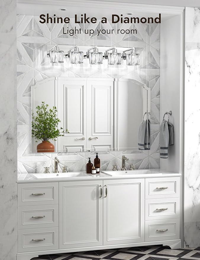 VOLISUN Crystal Vanity Lights - 5 Light Modern Stainless Steel & Chrome Bathroom Light Fixtures Over Mirror - UL Certificated (Exclude Bulb)