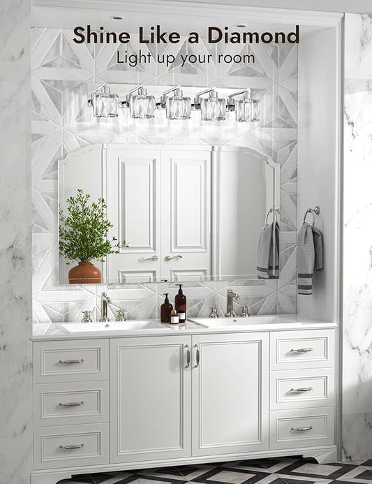 VOLISUN Crystal Vanity Lights - 5 Light Modern Stainless Steel & Chrome Bathroom Light Fixtures Over Mirror - UL Certificated (Exclude Bulb)