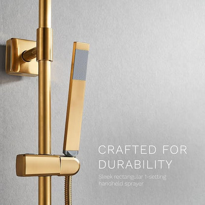 Polaris Lux Rain Shower System, includes 10” Square Rainfall Shower Head and Handheld Shower Combo, Height Adjustable Spray Holder, Retrofit, 60” Hose (2.5 GPM Brushed Gold)