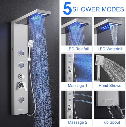 5 in 1 Shower Panel Tower System with LED Lights, Rainfall and Waterfall Shower Head, 3 Pcs Adjustable Body Jets, Handheld Shower, Tub Spout (Brushed Nickel)