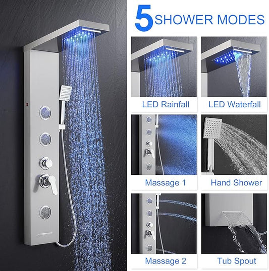 5 in 1 Shower Panel Tower System with LED Lights, Rainfall and Waterfall Shower Head, 3 Pcs Adjustable Body Jets, Handheld Shower, Tub Spout (Brushed Nickel)