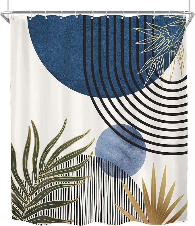 Mid Century Blue Green Boho Abstract Modern Bathroom Shower Curtain Set | 72Wx78H Sun Arch design, waterproof HD print with fast-drying fabric and 12 hooks.