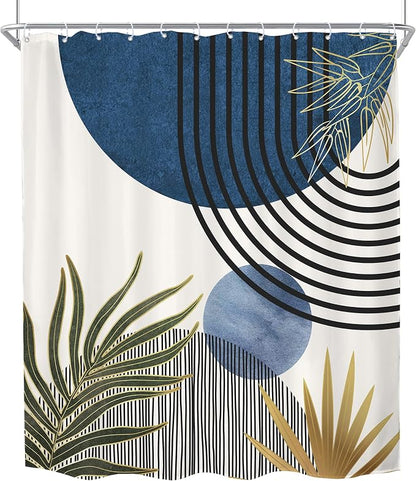 Mid Century Blue Green Boho Abstract Modern Bathroom Shower Curtain Set | 72Wx78H Sun Arch design, waterproof HD print with fast-drying fabric and 12 hooks.