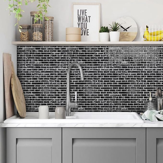 URCOLOR 10-Sheet Peel and Stick Backsplash Tile for Kitchen - 12”×12” Stick on Wall Tile for Bathroom, Black