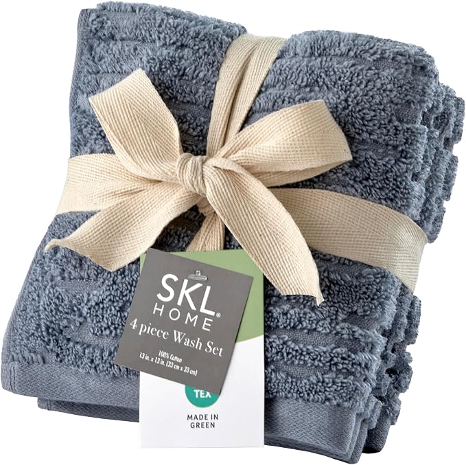 SKL Home CloudSoft Washcloth Set, 4-Piece, 100% Cotton Luxury, Smoke Blue | Premium spa-level quality. 520 GSM weight. Ultra plush & absorbent.