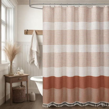 Coral Boho Linen Striped Shower Curtain with Tassel 72" W X 72" L | Boho Farmhouse Shower Curtains with Linen Texture for Bathroom Decor