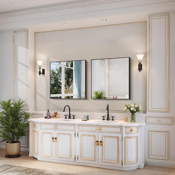 YIROMAN Bathroom Mirror 24"x24", Matte Black Bathroom Mirror for Over Sink with Aluminum Frame, Square Vanity Mirror with Right Angle, Wall Mirror Hangs Horizontal or Vertical