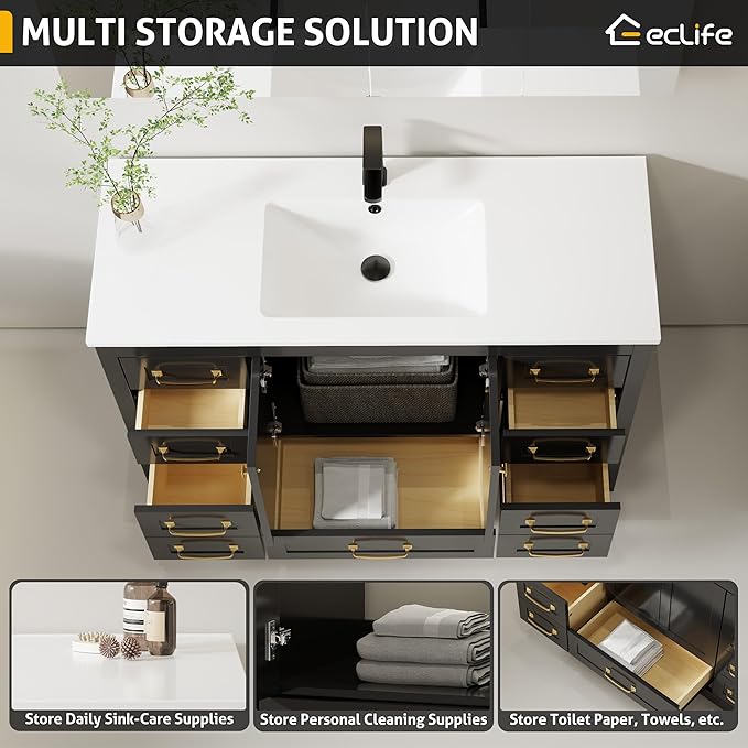 eclife 48" Bathroom Vanities with Sink Combo, Modern Thickened Wood Bathroom Storage Cabinet w/Undermount Single Sink, Matte Black Faucet Drain, Painted Surface, Black