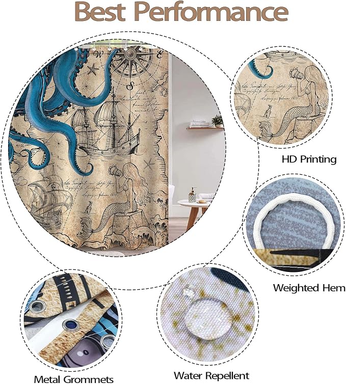 Fungarth 84 Inch Extra Long Vintage Nautical Octopus Shower Curtain Navy Blue Mermaid Funny Ocean Kraken Shower Curtains for Bathroom Cool Coastal Map Waterproof Fabric Bath Curtain (Retro, 72” x 84”)