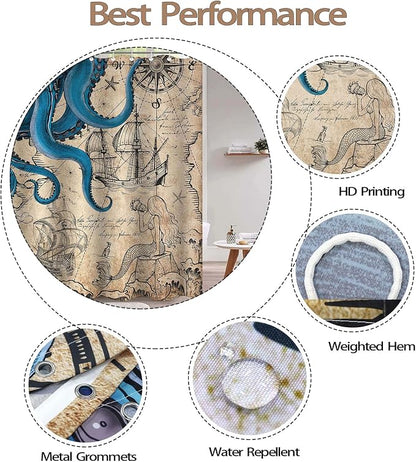 Fungarth Vintage Nautical Octopus Shower Curtain Navy Blue Mermaid Funny Ocean Kraken Shower Curtains for Bathroom Anchor Coastal Map Waterproof Fabric Bath Curtain Decor with Hooks (Retro, 72” x 72”)