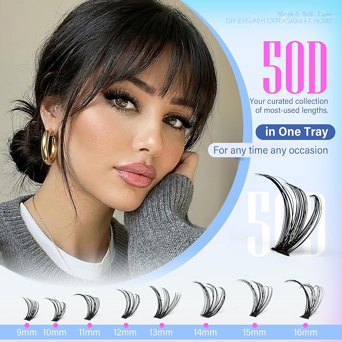 Lash Clusters 200pcs Individual Lashes 50D Cluster Eyelash Extensions 9-16mm Eyelash Clusters Lash Extensions for Self Application (50D, 0.07D, 9-16mm Refill)