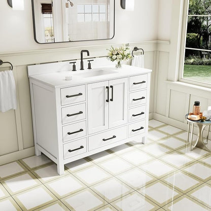 48-Inch Bathroom Vanity with Sink, 2 Soft-Close Doors and 9 Soft-Close Drawers, Bathroom Freestanding Vanity with Cultured Marble Countertop, Bathroom White Vanity with Matte Black Handles