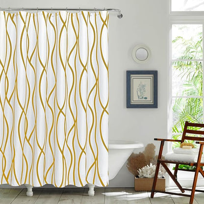 Fabric Modern Extra Long Shower Curtains for Bathroom-Textured Gold & White | 72"W x 84"L Faux Linen Luxury Hotel Quality Washable-Abstract Wavy Cloth Bath Shower Curtain-Apartment Minimalist Decor