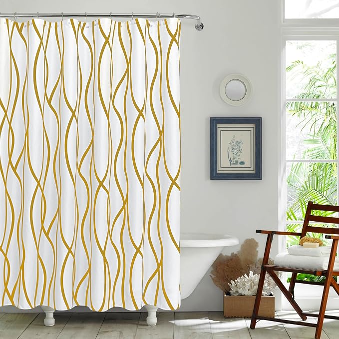 Fabric Modern Shower Curtain-Gold and White Shower Curtains for Bathroom | 72"W x 72"L Textured Faux Linen Luxury Hotel Quality Washable-Abstract Wavy Cloth Bath Curtain-Apartment Minimalist Decor