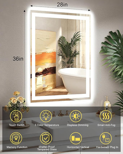 28x36 LED Bathroom Mirror, 6000LM, Separate Front and Back Lights | UL Certified,Shatter-Resistant Tempered Glass,Auto-Off Defogger,3 Color Modes,Smooth Dimming,Smart Memory Setting