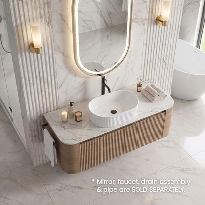 48" Preassembled Floating Bathroom Vanity with White Sink, Oak | Mid-Century Modern Style, Fluted & Soft-Close Drawer with U-shaped Wall, Sinterted Stone Countertop, Towel Rack Included