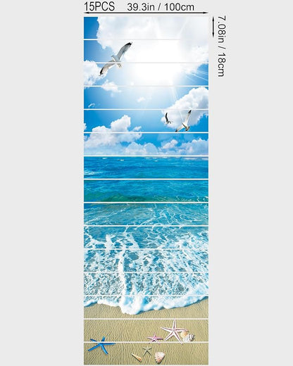 FLFK Sunshine Ocean Beach Stair Stickers - Set of 15, Peel and Stick Stair Riser Decals, 39.3"x7.08"