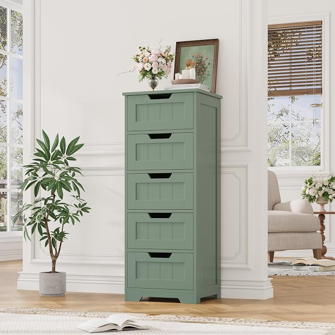 FOTOSOK Bathroom Cabinet, Bathroom Storage Cabinet with 5 Drawers, Green | Narrow Bathroom Storage with Cut-Out Handles, 11.8” x 15.7” x 40.1”, Slim & Small Floor Cabinet for Laundry/Hallway