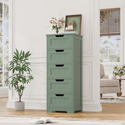 FOTOSOK Bathroom Cabinet, Bathroom Storage Cabinet with 5 Drawers, Green | Narrow Bathroom Storage with Cut-Out Handles, 11.8” x 15.7” x 40.1”, Slim & Small Floor Cabinet for Laundry/Hallway