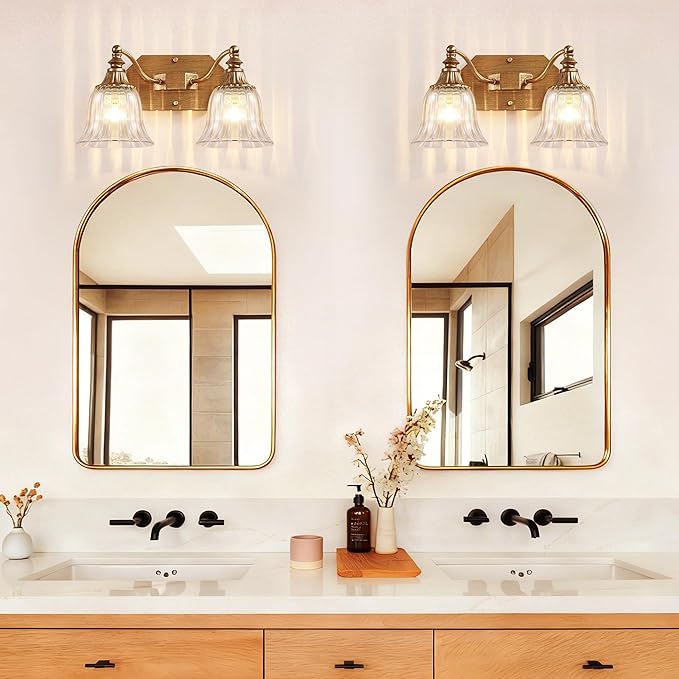 Gold Vintage Bathroom Light Fixtures, 2-Lights Bathroom Vanity Light, Antique Brushed Gold Lighting Fixtures Over Mirror with Crystal Glass Shade, Wall Sconce Lighting