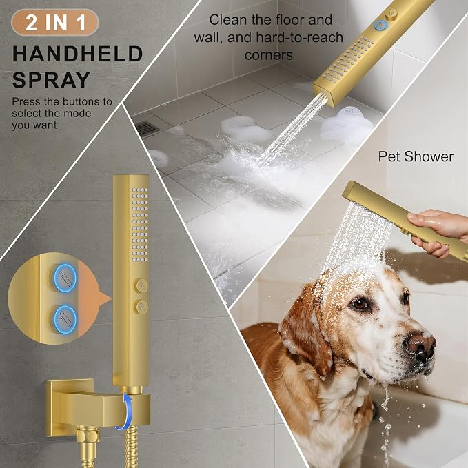 Rain Shower System 12" & 6" Dual Shower Heads, Wall Mount Shower Faucet Set | Ideal for bathroom remodels and upgrades with 12" rain shower, 6" angled shower, handheld spray and complete valve kit.