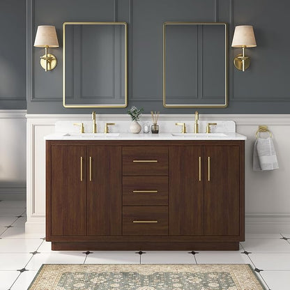 60 Inch Bathroom Vanity with Double Sink, Solid Wood Frame with Engineered Marble Countertop, Fully-Assembled Vanity with Soft-Close Drawers, Adjustable Feets, Warm Elm