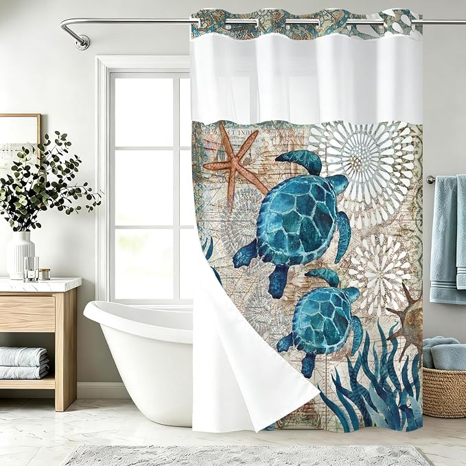 Green and Teal Sea Turtles Theme No Hook Waffle Weave Shower Curtain with Snap in Liner Nautical Beach Bathroom Blue Ocean Decor Set 60 W x 74 H Inch Teal